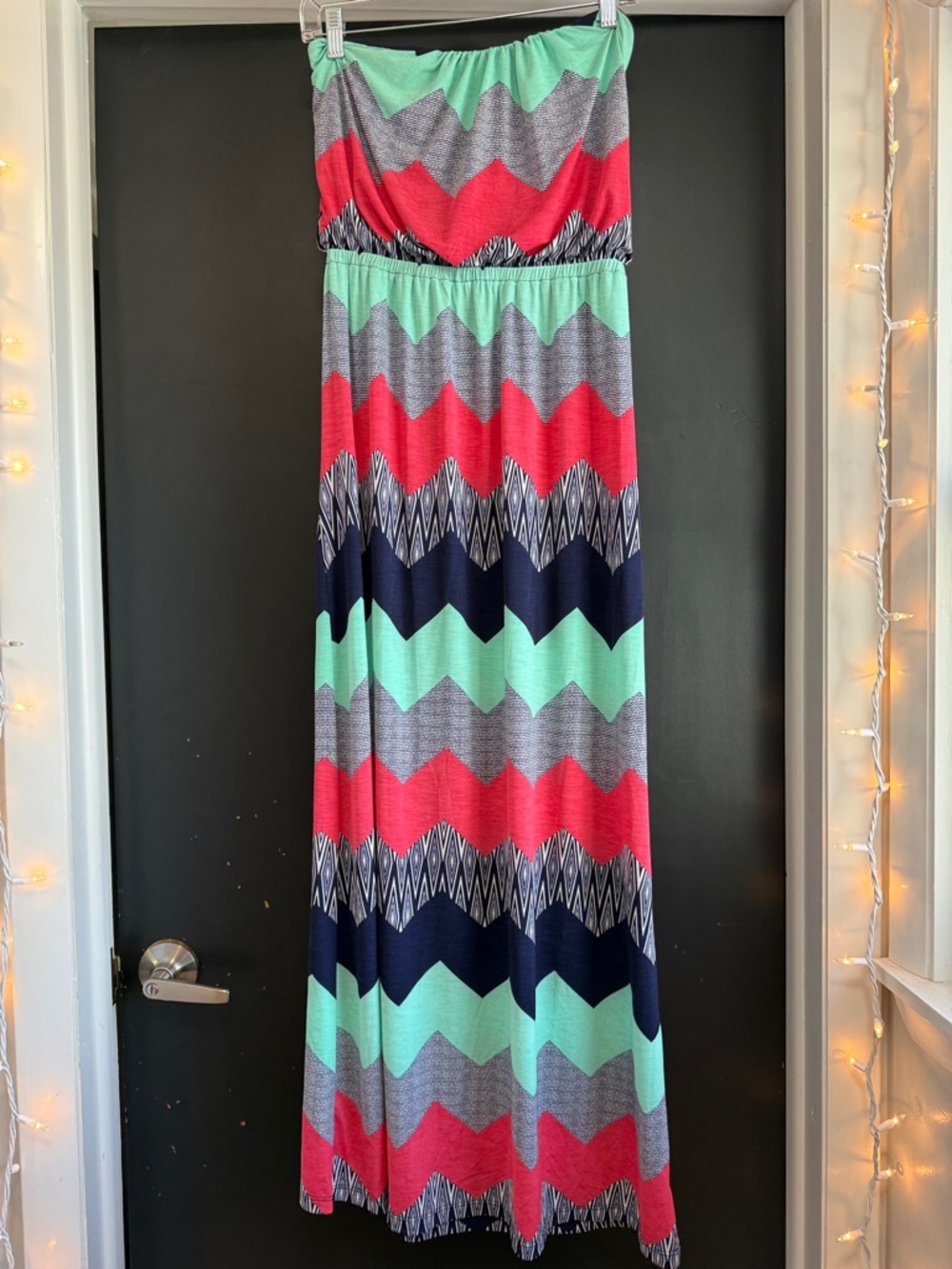 Trixxi Strapless Chevron Maxi Dress in Mint, Coral, Navy & Gray